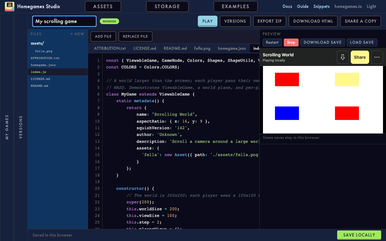 Homegames Studio with a file tree, code editor, and live game preview